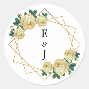 Elegant Gold Glitter Geometric Yellow Floral Wed Classic Round Sticker