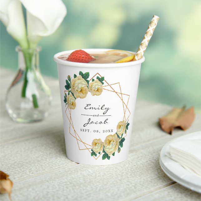 Elegant Gold Glitter Geometric Yellow Floral Wed Paper Cups (Insitu)