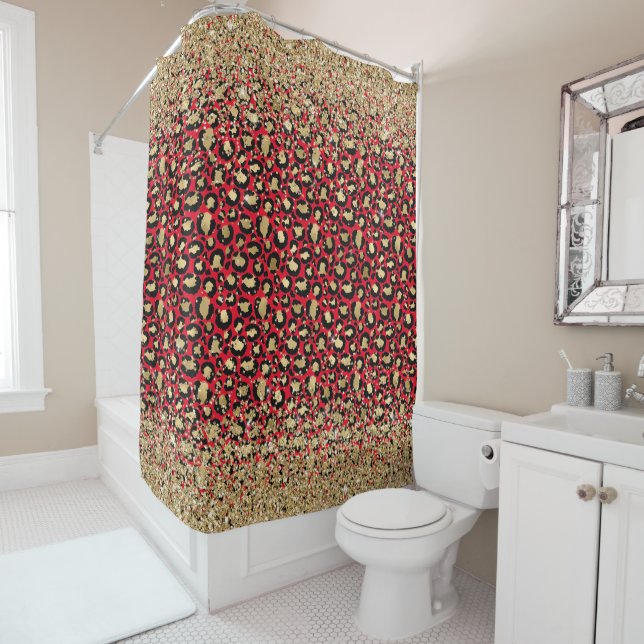 Elegant Gold Glitter Girly Glam Red Leopard Shower Curtain (In Situ)