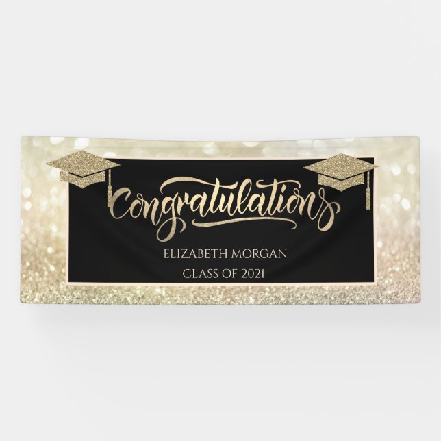 Elegant Gold Glitter Grad Cap Bokeh Banner (Horizontal)