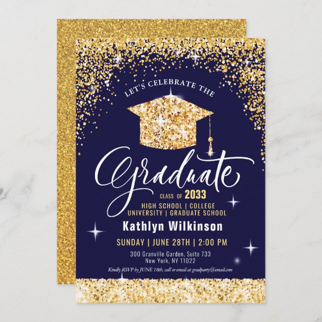 Elegant Gold Glitter Grad Cap on Blue Graduation Invitation (Front/Back)