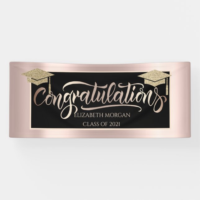 Elegant Gold Glitter Grad Cap Rose Gold Banner (Horizontal)