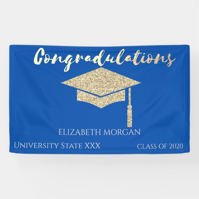Elegant Gold Glitter Graduate Cap,Blue Graduation Banner (Horizontal)