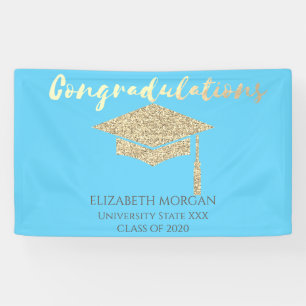 Elegant Gold Glitter Graduate Cap,Blue Graduation Banner