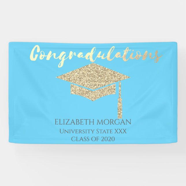 Elegant Gold Glitter Graduate Cap,Blue Graduation Banner (Horizontal)