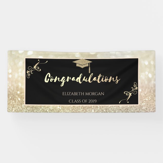 Elegant Gold Glitter Graduate Cap, Bokeh Banner (Horizontal)
