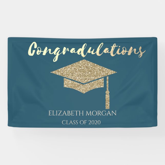 Elegant Gold Glitter Graduate Cap,Graduation Banner (Horizontal)