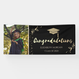 Elegant Gold Glitter Graduate Cap,Photo Graduation Banner