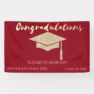Elegant Gold Glitter Graduate Cap,Red Graduation Banner