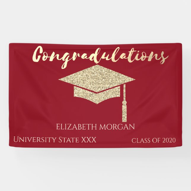 Elegant Gold Glitter Graduate Cap,Red Graduation Banner (Horizontal)