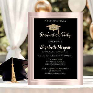 Elegant Gold Glitter Graduation Cap Rose Gold Invitation