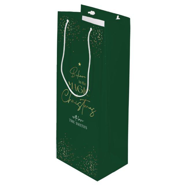 Elegant Gold Glitter Green Family Name Christmas Wine Gift Bag (Front Angled)