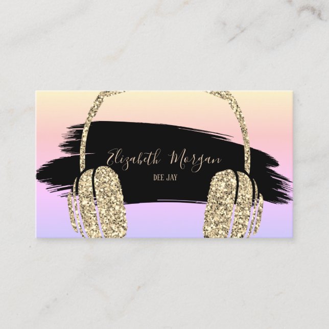 Elegant Gold Glitter Headphone DJ Brush Stroke Business Card (Front)