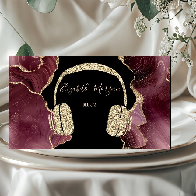 Elegant Gold Glitter Headphone DJ Burgundy Agate Business Card (Creator Uploaded)