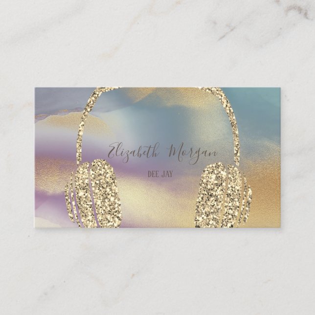 Elegant Gold Glitter Headphone DJ Colourful Business Card (Front)