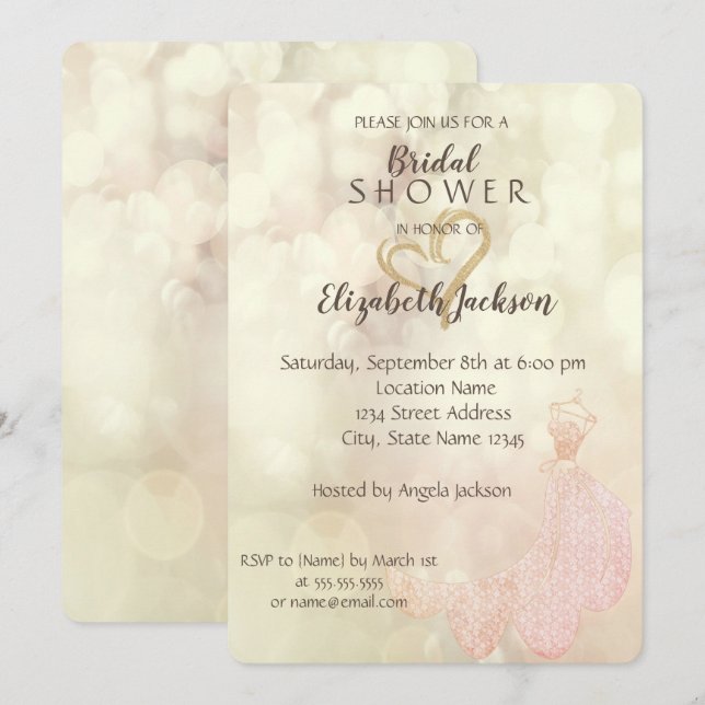Elegant Gold Glitter Heart, Dress  Bridal Shower Invitation (Front/Back)