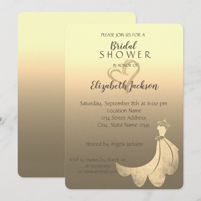 Elegant Gold Glitter Heart, Dress Bridal Shower Invitation (Front/Back)