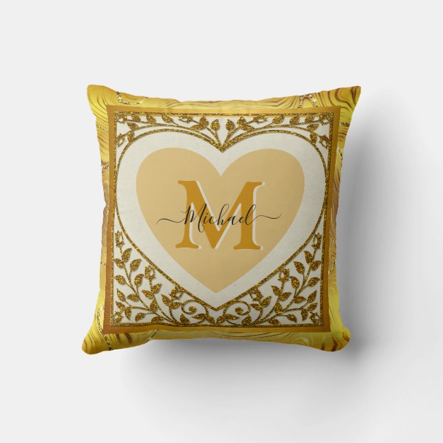Elegant Gold Glitter Heart Initial & Name Cushion (Back)
