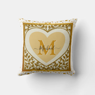 Elegant Gold Glitter Heart Initial & Name Cushion