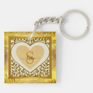 Elegant Gold Glitter Heart Initial & Name Keychain