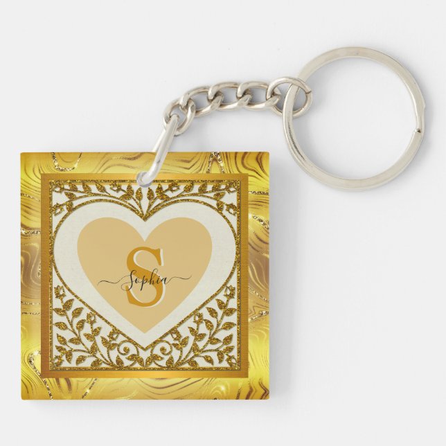Elegant Gold Glitter Heart Initial & Name Keychain (Back)