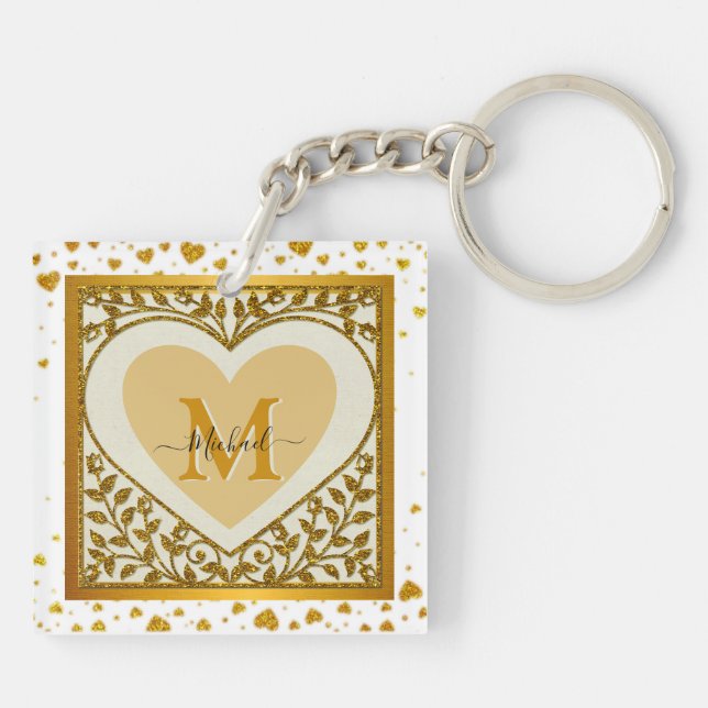 Elegant Gold Glitter Heart Initial & Name Keychain (Back)