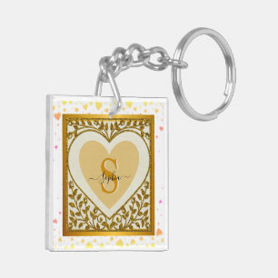 Elegant Gold Glitter Heart Initial & Name Keychain
