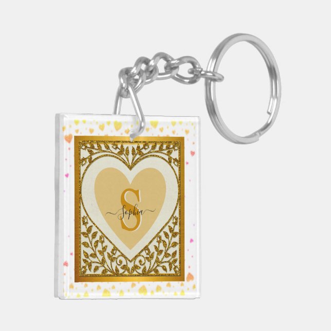 Elegant Gold Glitter Heart Initial & Name Keychain (Back Left)