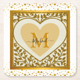 Elegant Gold Glitter Heart Initial & Name Square Paper Coaster