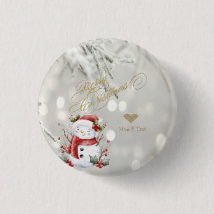 Elegant Gold Glitter Heart Snowman 3 Cm Round Badge