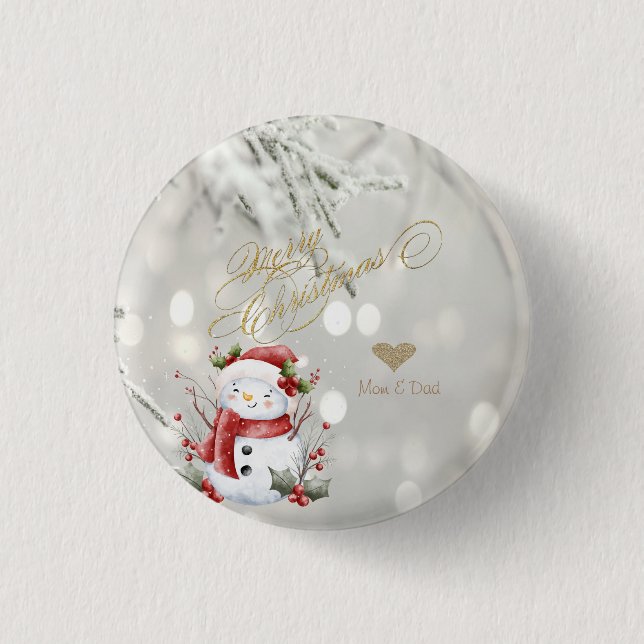 Elegant Gold Glitter Heart Snowman 3 Cm Round Badge (Front)