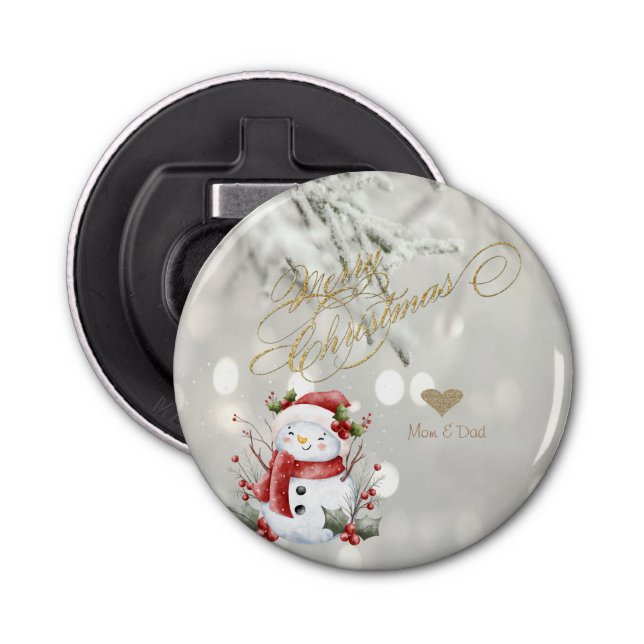 Elegant Gold Glitter Heart Snowman Bottle Opener (Front)