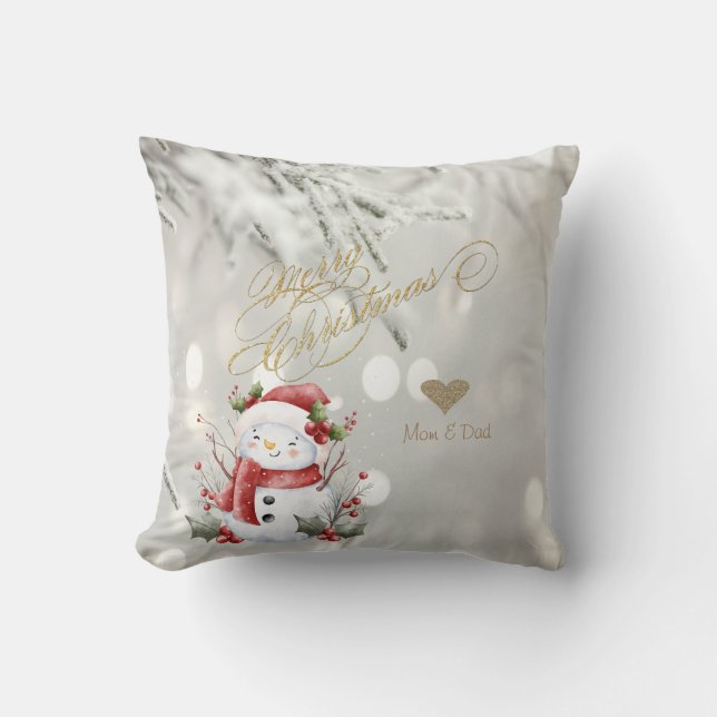 Elegant Gold Glitter Heart Snowman Cushion (Front)