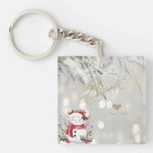 Elegant Gold Glitter Heart Snowman Key Ring