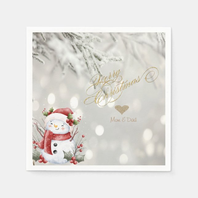 Elegant Gold Glitter Heart Snowman Napkin (Front)