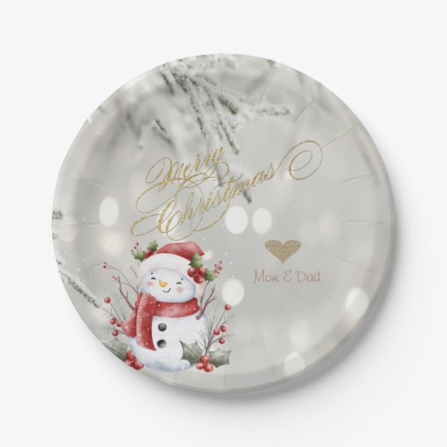 Elegant Gold Glitter Heart Snowman Paper Plate (Front)