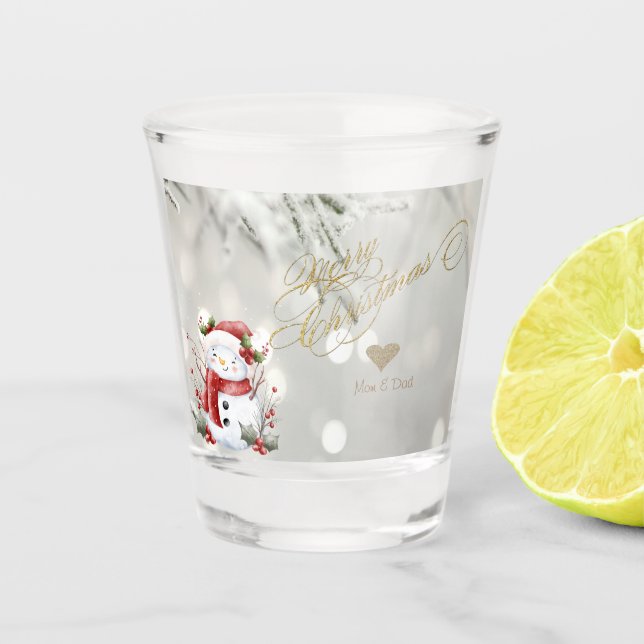 Elegant Gold Glitter Heart Snowman Shot Glass (Front)