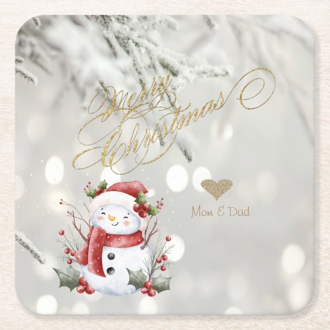 Elegant Gold Glitter Heart Snowman Square Paper Coaster (Front)