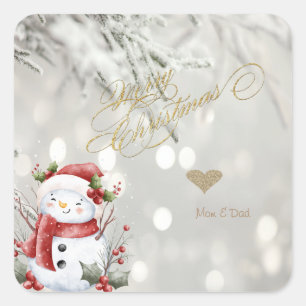 Elegant Gold Glitter Heart Snowman Square Sticker