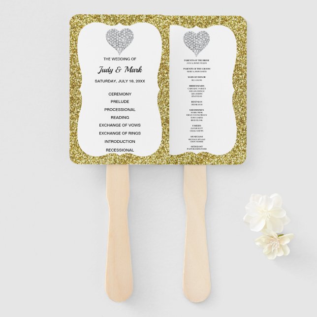 Elegant Gold Glitter Heart Wedding Program Fans (Front and Back)