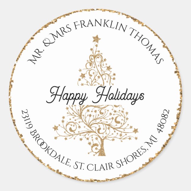 Elegant Gold Glitter Holiday Return Address  Classic Round Sticker (Front)