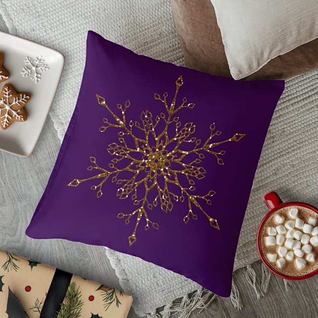 Elegant Gold Glitter Holiday Snowflake Purple Cushion (Elegant Gold Glitter Holiday Snowflake Purple Throw Pillow)