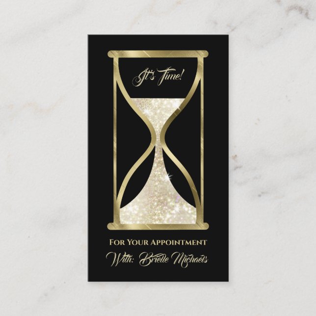 Elegant Gold Glitter Hourglass Hair and Makeup Appointment Card (Front)