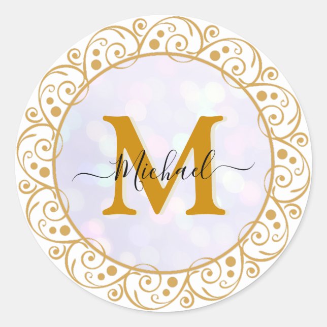 Elegant Gold Glitter Initial & Name Classic Round Sticker (Front)
