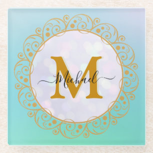 Elegant Gold Glitter Initial & Name Glass Coaster