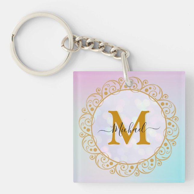 Elegant Gold Glitter Initial & Name Key Ring (Front)