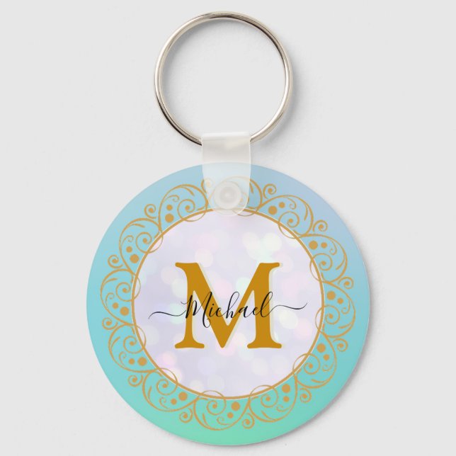 Elegant Gold Glitter Initial & Name Key Ring (Front)