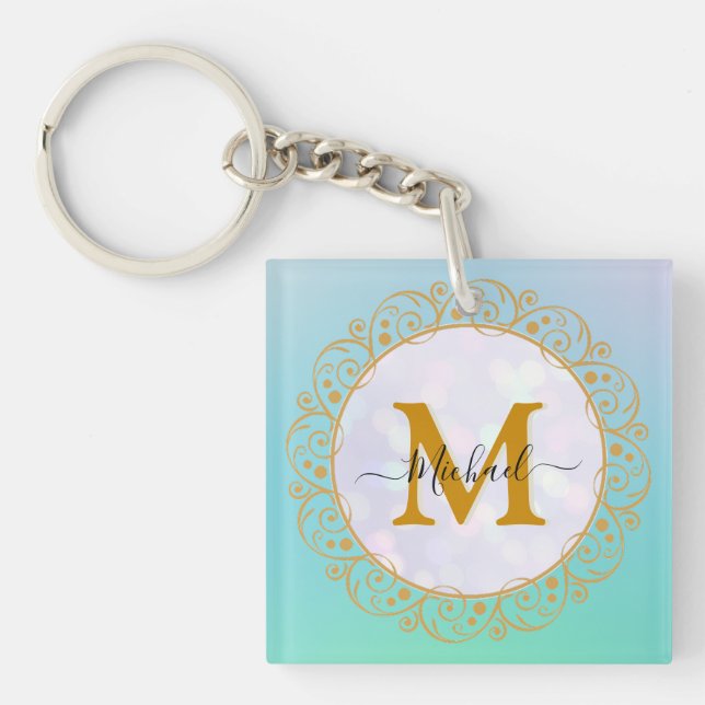 Elegant Gold Glitter Initial & Name Key Ring (Front)