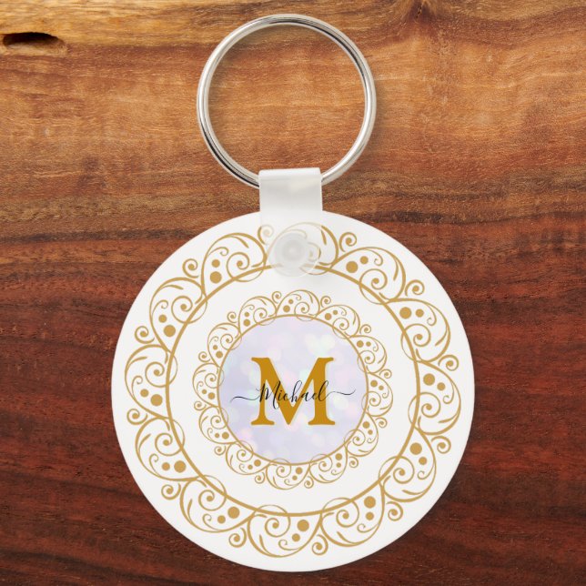 Elegant Gold Glitter Initial & Name Key Ring (Front)