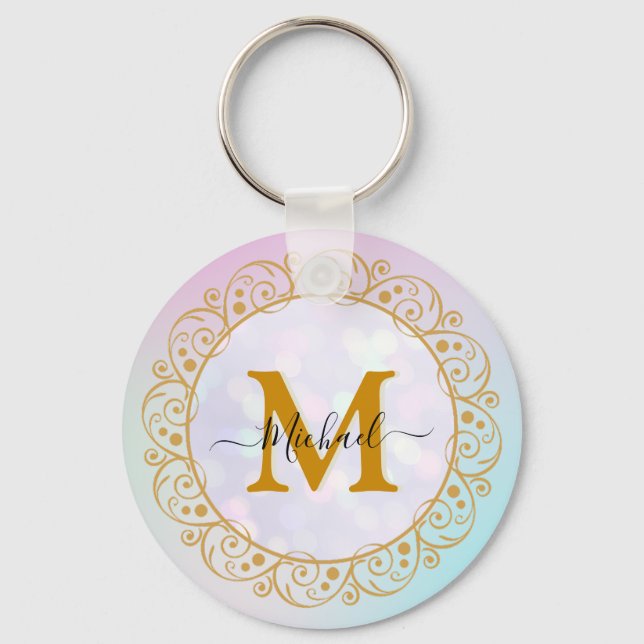 Elegant Gold Glitter Initial & Name Key Ring (Front)